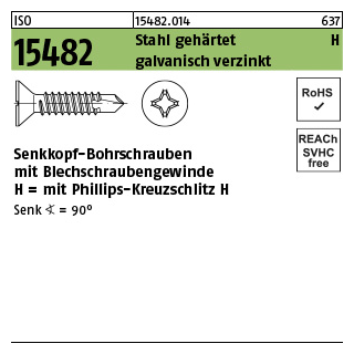 1000 Stück, ISO 15482 Stahl, geh. H galvanisch verzinkt Senk-Bohrschrauben mit Blechschraubengew., Phillips-KS H - Abmessung: ST 4,2 x 25 -H