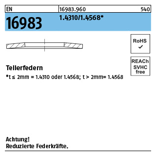 200 Stück, EN 16983 1.4310/1.4568 Tellerfedern - Abmessung: 16 x 8,2x0,6