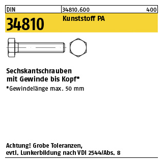 200 Stück, DIN 34810 Kunststoff PA Sechskantschrauben mit Gewinde bis Kopf - Abmessung: M 3 x 10