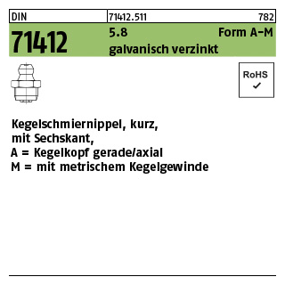 100 Stück, DIN 71412 5.8 Form A-M galvanisch verzinkt Kegelschmiernippel, kurz, mit Sechskant, Kegelkopf gerade/axial, mit Kegelgew. - Abmessung: AM 6 x 1 SW 7