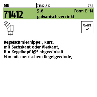 100 Stück, DIN 71412 5.8 Form B-M galvanisch verzinkt Kegelschmiernippel, kurz, mit Sechskant oder Vierkant, Kegelkopf 45°, Kegelgew. - Abmessung: BM 6 x 1 SW 9