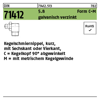 100 Stück, DIN 71412 5.8 Form C-M galvanisch verzinkt Kegelschmiernippel, kurz, mit Sechskant oder Vierkant, Kegelkopf 90°, Kegelgew. - Abmessung: CM10 x 1 SW11