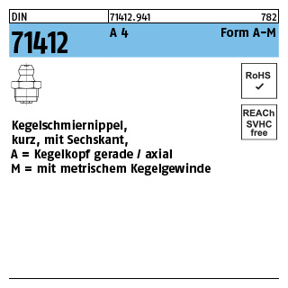 25 Stück, DIN 71412 A 4 Form A-M Kegelschmiernippel, kurz, mit Sechskant, Kegelkopf gerade/axial,mit Kegelgew. - Abmessung: AM 10 x 1 SW11