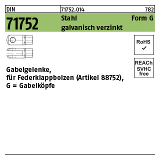 10 Stück, DIN 71752 Stahl Form G galvanisch verzinkt Gabelgelenke, für Federklappbolzen, Gabelköpfe - Abmessung: G 10 x 20