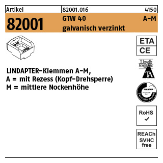 1 Stück, Artikel 82001 GTW 40 A-M galvanisch verzinkt LINDAPTER-Klemmen A-M mit Rezess (Kopf-Drehsperre), mittlere Nockenhöhe - Abmessung: MM 20 / 10,0