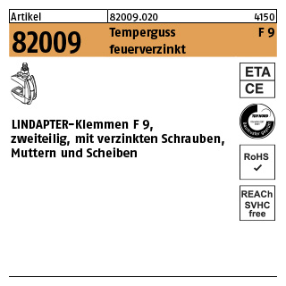 1 Stück, Artikel 82009 Temperguss F 9 feuerverzinkt LINDAPTER-Klemmen F 9, zweiteilig, mit verzinkten Schrauben, Muttern u. Scheibe - Abmessung: M 20 / 32 - 82