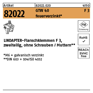 1 Stück, Artikel 82022 GTW 40 F 3 feuerverzinkt LINDAPTER-Flanschklemmen F 3, zweiteilig ohne Schrauben/Muttern - Abmessung: M 8 / 25