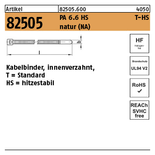 100 Stück, Artikel 82505 PA 6.6 HS T-HS natur (NA) Kabelbinder, innenverzahnt, Standard hitzestabil - Abmessung: 2,5 x 100 / 22