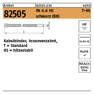 100 Stück, Artikel 82505 PA 6.6 HS T-HS schwarz (BK) Kabelbinder, innenverzahnt, Standard hitzestabil - Abmessung: 2,5 x 100 / 22