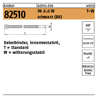 100 Stück, Artikel 82510 PA 6.6 W T-W schwarz (BK) Kabelbinder, innenverzahnt, Standard witterungsstabil - Abmessung: 3,5 x 190 / 50