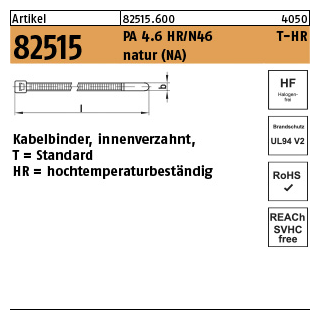 100 Stück, Artikel 82515 PA 4.6 HR/N46 T-HR natur (NA) Kabelbinder, innenverzahnt, Standard hochtemperaturbeständig - Abmessung: 4,6 x 200 / 50