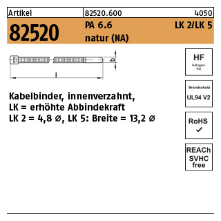 200 Stück, Artikel 82520 PA 6.6 LK 2/LK 5 natur (NA) Kabelbinder, innenverzahnt, LK erhöhte Abbindekraft - Abmessung: 4,8 x 120/ 28