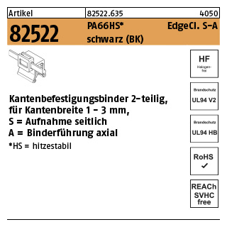 500 Stück, Artikel 82522 PA66HS EdgeCl. S-A schwarz Kantenbefestigungsbinder 2-teilig, für Kantenbreite 1-3mm, Aufn. seitlich-axial - Abmessung: 4,6 x 150/31