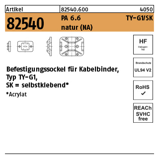 100 Stück, Artikel 82540 PA 6.6 TY-G1/SK natur (NA) Befestigungssockel für Kabelbinder, Typ TY-G1, selbstklebend - Abmessung: 4