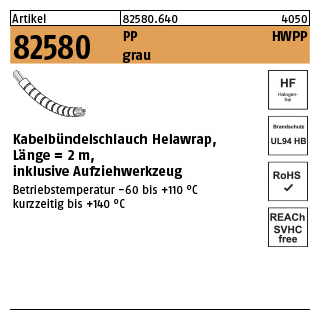 1 Stück, Artikel 82580 PP HWPP grau Kabelbündelschlauch Helawrap, Länge = 2m, inklusive Aufziehwerkzeug - Abmessung: 16