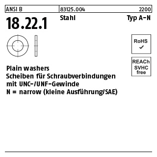 200 Stück, ANSI B 18.22.1 Stahl Typ A-N Plain washers, Scheiben für Schraub- verb. mit UNC-/UNF-Gewinde, narrow - Abmessung: 9/16 x 1,156