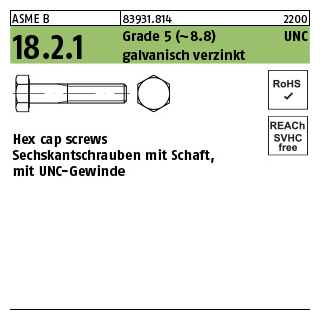 100 Stück, ASME B 18.2.1 Grade 5 (~8.8) UNC galvanisch verzinkt Hex cap screws, Sechskantschrauben mit Schaft, mit UNC Gewinde - Abmessung: 1/4 x 1 1/4