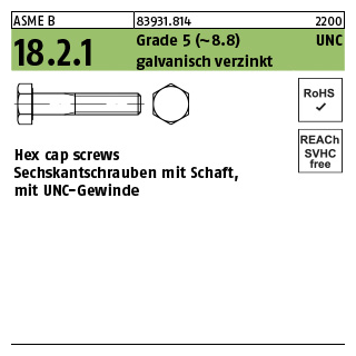 100 Stück, ASME B 18.2.1 Grade 5 (~8.8) UNC galvanisch verzinkt Hex cap screws, Sechskantschrauben mit Schaft, mit UNC Gewinde - Abmessung: 1/4 x 1 3/4