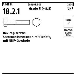 100 Stück, ASME B 18.2.1 Grade 5 (~8.8) UNF Hex cap screws, Sechskantschrauben mit Schaft, mit UNF Gewinde - Abmessung: 3/8 x 1 3/4