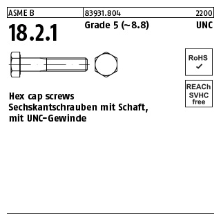 25 Stück, ASME B 18.2.1 Grade 5 (~8.8) UNC Hex cap screws, Sechskantschrauben mit Schaft, mit UNC Gewinde - Abmessung: 5/8 x 6