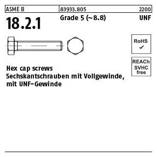 100 Stück, ASME B 18.2.1 Grade 5 (~8.8) UNF Hex cap screws, Sechskantschrauben mit Vollgew., mit UNF Gewinde - Abmessung: 5/16 x 1