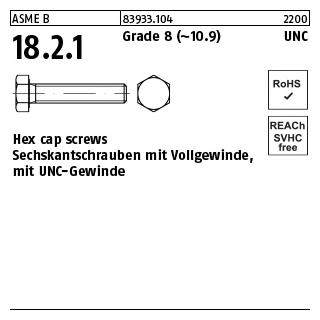 50 Stück, ASME B 18.2.1 Grade 8 (~10.9) UNC Hex cap screws, Sechskantschrauben mit Vollgew., mit UNC Gewinde - Abmessung: 1/2 x 7/8