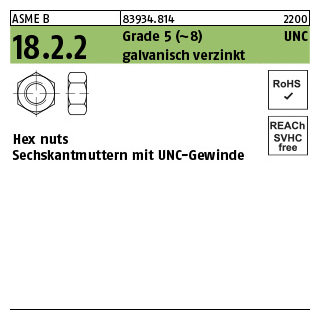 100 Stück, ASME B 18.2.2 Grade 5 (~8) UNC galvanisch verzinkt Hex cap screws, Sechskantmuttern mit mit UNC-Gewinde - Abmessung: 1/4