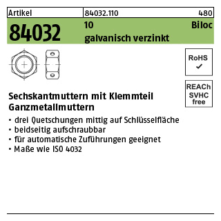 1000 Stück, Artikel 84032 10 Biloc galvanisch verzinkt Sechskantmuttern mit Klemmteil Ganzmetallmuttern - Abmessung: M 5