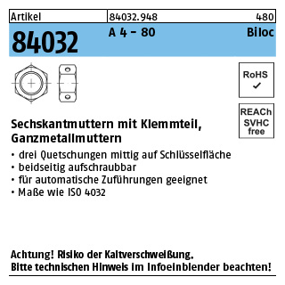 1000 Stück, Artikel 84032 A 4 - 80 Biloc Sechskantmuttern mit Klemmteil Ganzmetallmuttern - Abmessung: M 6