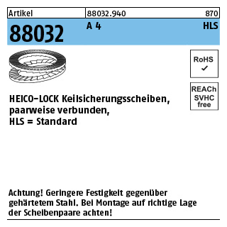 200 Stück, Artikel 88032 A 4 Heico-Lock-Scheiben, Standard (Keilsicherungsscheibenpaare) - Abmessung: HLS- 3S