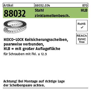 200 Stück, Artikel 88032 St.verg. zinklamellenbeschichtet, breit Heico-Lock-Scheiben, vergrößerte Auflage (Keilsicherungsscheibenpaare) - Abmessung: HLB- 8