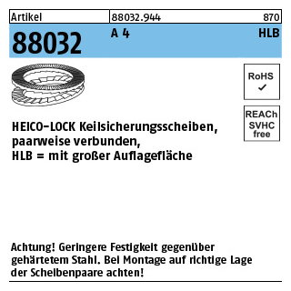 200 Stück, Artikel 88032 A 4 breit Heico-Lock-Scheiben, vergrößerte Auflage (Keilsicherungsscheibenpaare) - Abmessung: HLB- 8S