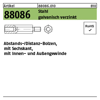 100 Stück, Artikel 88086 Stahl galvanisch verzinkt Abstands-/Distanz-Bolzen, mit Sechskant, mit Innen- und Außengewinde - Abmessung: M 4 x 20/ 8