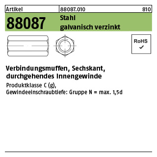 100 Stück, Artikel 88087 Stahl galvanisch verzinkt verbindungsmuffen, Sechskant, durchgehendes Innengewinde - Abmessung: M 6 x 25 SW10