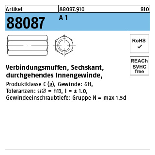 50 Stück, Artikel 88087 A 1 verbindungsmuffen, Sechskant, durchgehendes Innengewinde - Abmessung: M 6 x 25 SW10