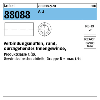 50 Stück, Artikel 88088 A 2 verbindungsmuffen, rund, durchgehendes Innengewinde - Abmessung: M 6 x 25 x 10