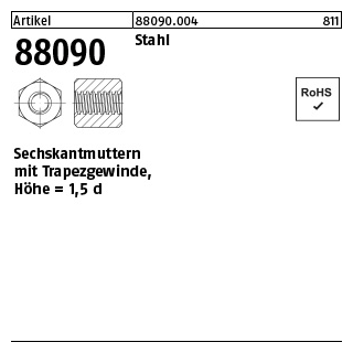 1 Stück, Artikel 88090 Stahl Sechskantmuttern mit Trapezgewinde, Höhe = 1,5 d - Abmessung: TR24x5-SW36x36