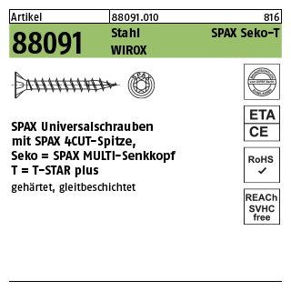 200 Stück, Artikel 88091 Stahl SPAX Seko-T Oberfläche WIROX SPAX Universalschrauben mit Spitze, SPAX MULTI-Senkkopf, T-STAR - Abmessung: 3 x 25/21-T10