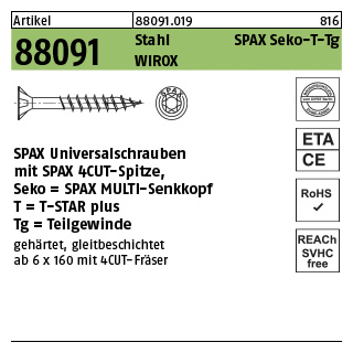 1000 Stück, Artikel 88091 St. SPAX Seko-T-Tg Oberfläche WIROX SPAX Universalschrauben mit Spitze, SPAX MULTI-Senkkopf, Teilgewinde, T-STAR - Abmessung: 3 x 35/23-T10