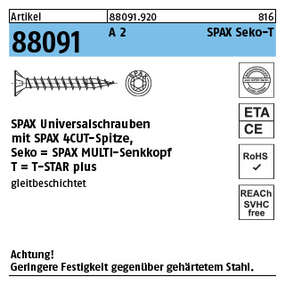 200 Stück, Artikel 88091 A 2 SPAX Seko-T SPAX Universalschrauben mit Spitze, SPAX MULTI-Senkkopf, T-STAR - Abmessung: 4 x 20/15-T20