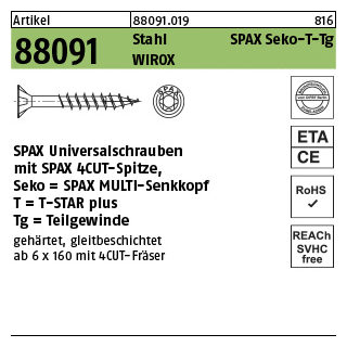 100 Stück, Artikel 88091 St. SPAX Seko-T-Tg Oberfläche WIROX SPAX Universalschrauben mit Spitze, SPAX MULTI-Senkkopf, Teilgewinde, T-STAR - Abmessung: 6 x 60/36-T30