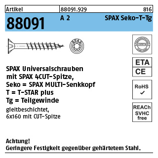 100 Stück, Artikel 88091 A 2 SPAX Seko-T-Tg SPAX Universalschrauben mit Spitze, SPAX MULTI-Senkkopf, Teilgewinde, T-STAR - Abmessung: 6 x100/61-T30