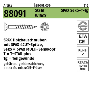 50 Stück, Artikel 88091 St. SPAX Seko-T-Tg Oberfläche WIROX SPAX Holzbauschrauben mit Spitze, SPAX MULTI-Senkkopf, Teilgewinde, T-STAR - Abmessung: 8 x 180/80-T40