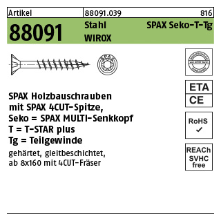 50 Stück, Artikel 88091 St. SPAX Seko-T-Tg Oberfläche WIROX SPAX Holzbauschrauben mit Spitze, SPAX MULTI-Senkkopf, Teilgewinde, T-STAR - Abmessung: 8 x 320/80-T40