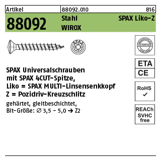 1000 Stück, Artikel 88092 Stahl SPAX Liko-Z Oberfläche WIROX SPAX Universalschrauben mit Spitze, SPAX MULTI-Linsensenkkopf, Pozidriv-KS - Abmessung: 3,5 x 20/15-Z