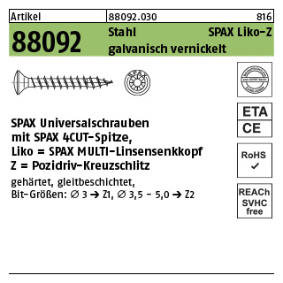 1000 Stück, Artikel 88092 Stahl SPAX Liko-Z galvanisch vernickelt SPAX Universalschrauben mit Spitze, SPAX MULTI-Linsensenkkopf, Pozidriv-KS - Abmessung: 3,5 x 20/15-Z