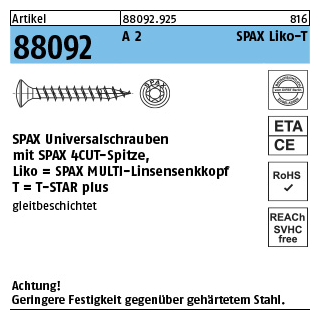 200 Stück, Artikel 88092 A 2 SPAX Liko-T SPAX Universalschrauben mit Spitze, SPAX MULTI-Linsensenkkopf, T-STAR - Abmessung: 3,5x 30/25-T15