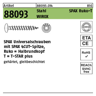 200 Stück, Artikel 88093 Stahl SPAX Ruko-T Oberfläche WIROX SPAX Universalschrauben mit Spitze, SPAX MULTI-Halbrundkopf, T-STAR - Abmessung: 3 x 16/15-T10