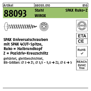 1000 Stück, Artikel 88093 Stahl SPAX Ruko-Z Oberfläche WIROX SPAX Universalschrauben mit Spitze, SPAX MULTI-Halbrundkopf, Pozidriv-KS - Abmessung: 3 x 20/18-Z