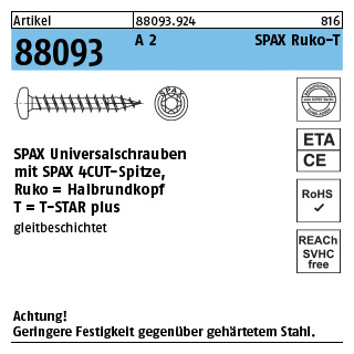 200 Stück, Artikel 88093 A 2 SPAX Ruko-T SPAX Universalschrauben mit Spitze, SPAX MULTI-Halbrundkopf, Pozidriv-KS - Abmessung: 4 x 20/16-T20